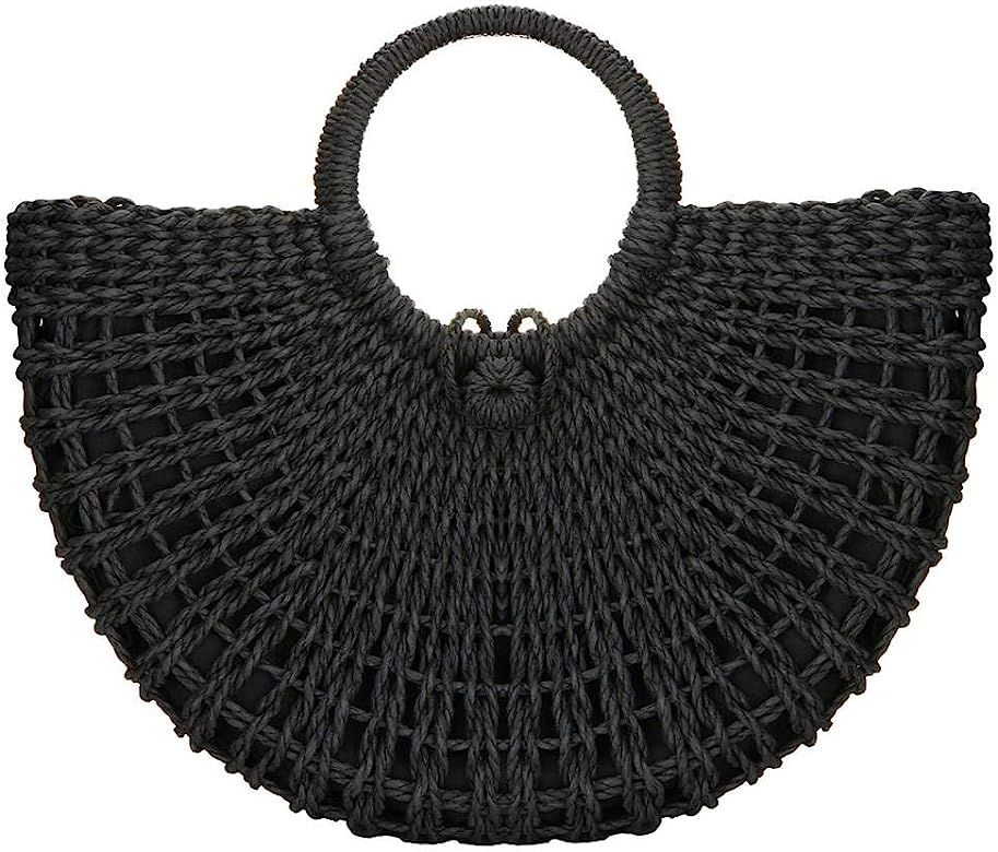 Straw Bags for Women,Hand-woven Straw Top-handle Bag with Round Ring Handle Summer Beach Rattan T... | Amazon (US)