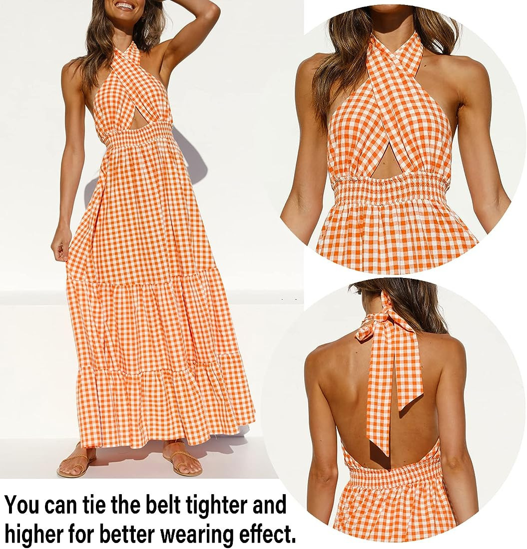 ZESICA Women's Summer Crossover Halter Neck Sleeveless Plaid Cut Out Backless Flowy A Line Maxi D... | Amazon (US)