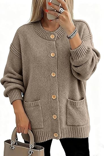 Glamaker Womens Fall Cardigans Sweaters Chunky Button Up Crew Neck Fuzzy Knit Long Sleeve Open Fr... | Amazon (US)