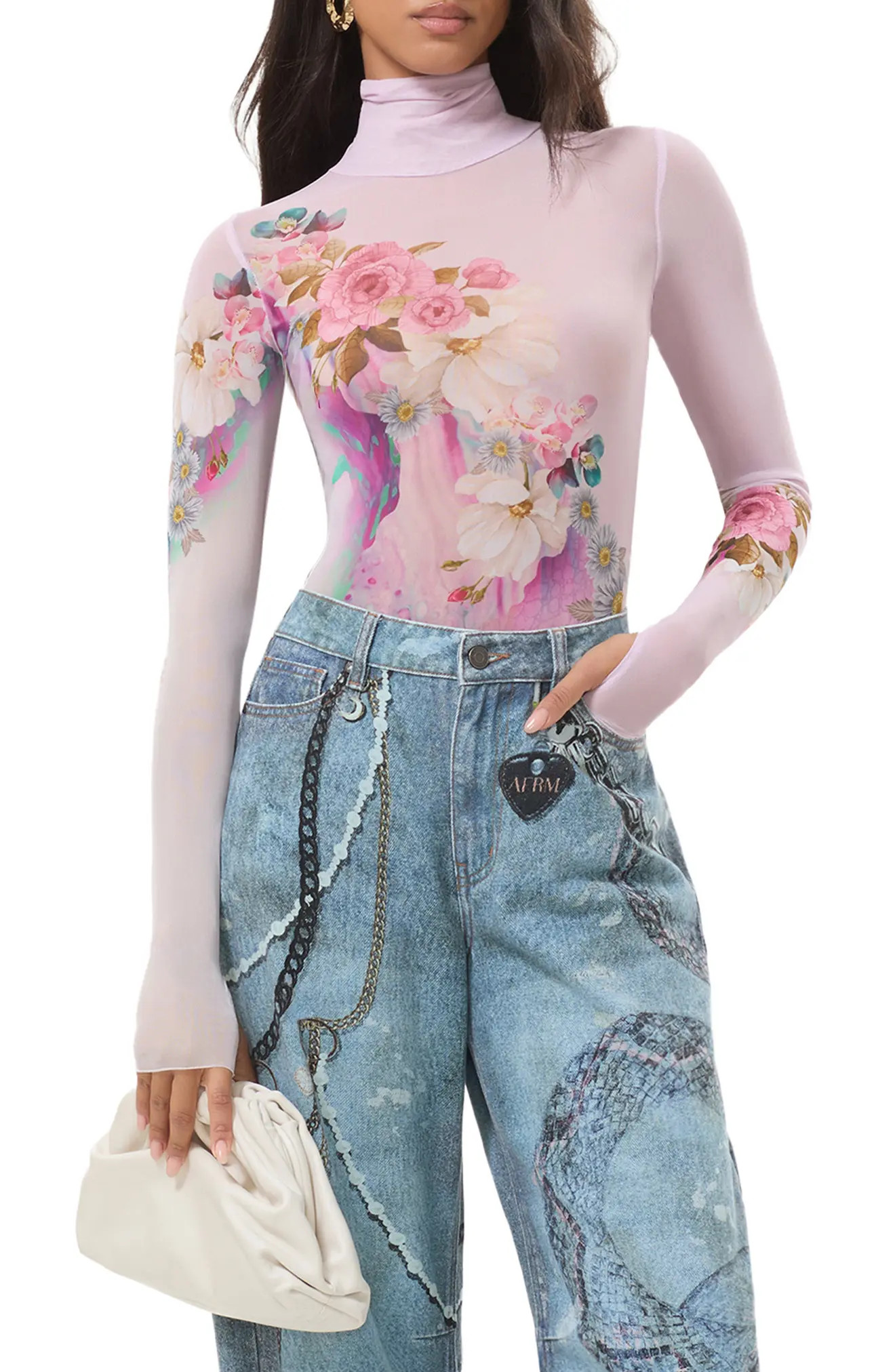 AFRM Zadie Turtleneck Printed Mesh Top in Marble Floral at Nordstrom, Size X-Small | Nordstrom