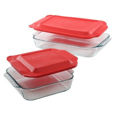 Pyrex 4pc Bakeware Value Set Red: Glass Baking Dishes, Microwave & Dishwasher Safe, 3qt & 8" Square with Covers | Target