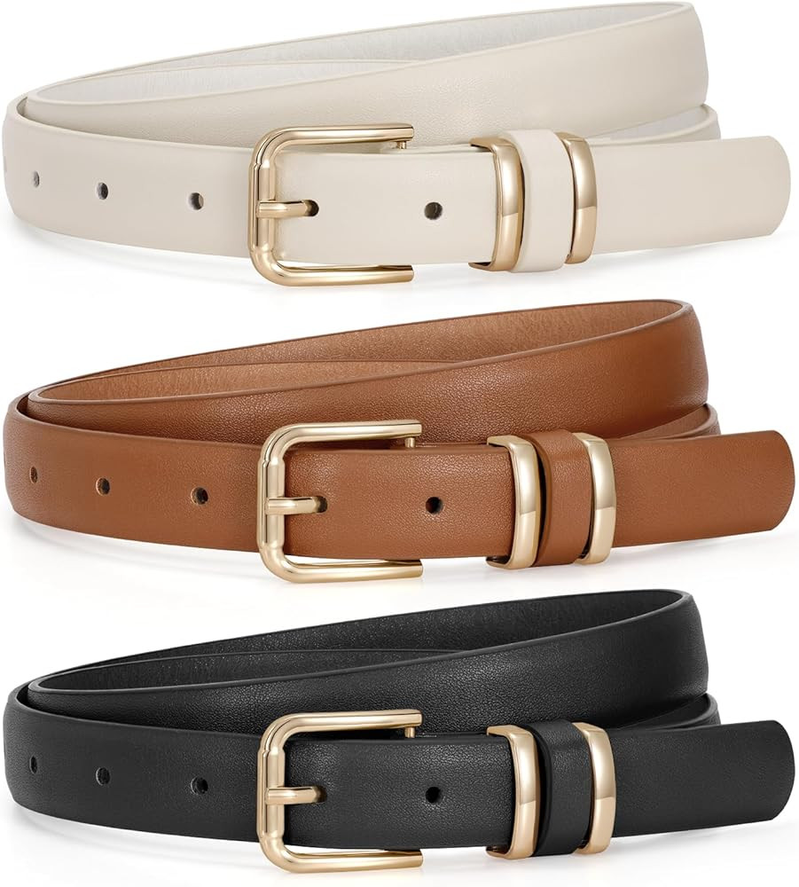 JASGOOD 3 Pack Women's Leather Belts for Jeans Dress Pants Trendy Belts with Gold Buckle | Amazon (US)
