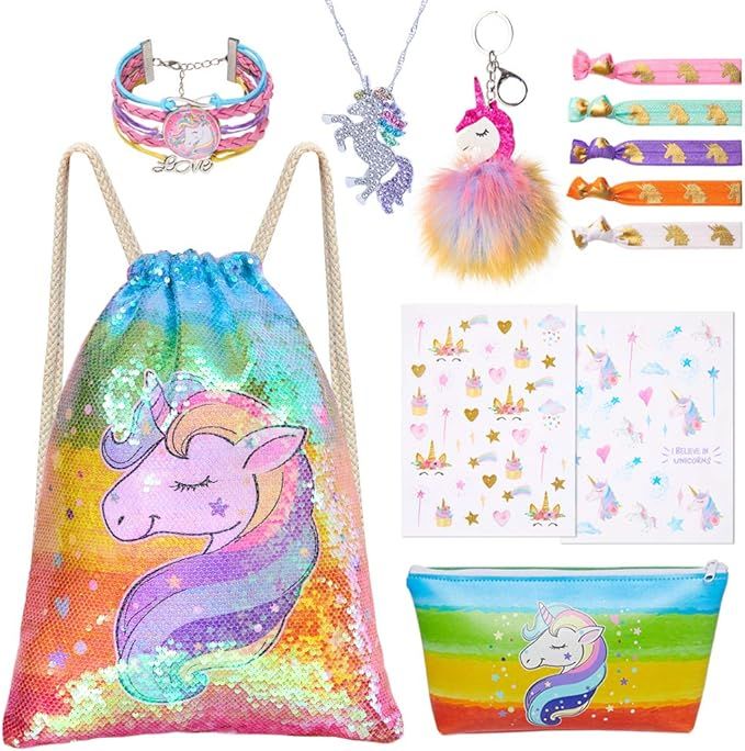 Unicorns Gifts for Girls Sequin Drawstring Backpack Set/Makeup Bag/Bracelet/Necklace/Keychain/Hai... | Amazon (US)