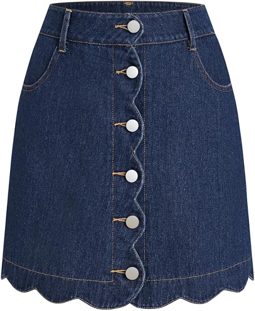 CUPSHE Women\u2019s Denim Mini Skirt Button Front A-Line Scalloped Jeans | Amazon (US)