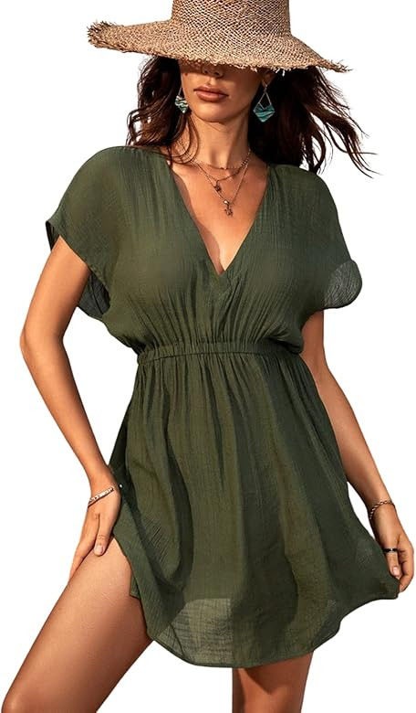 CUPSHE Women's Dress V Neck Elastic Waisted Cover Up Set Short Sleeve Pull Over Mid Length Dress | Amazon (US)