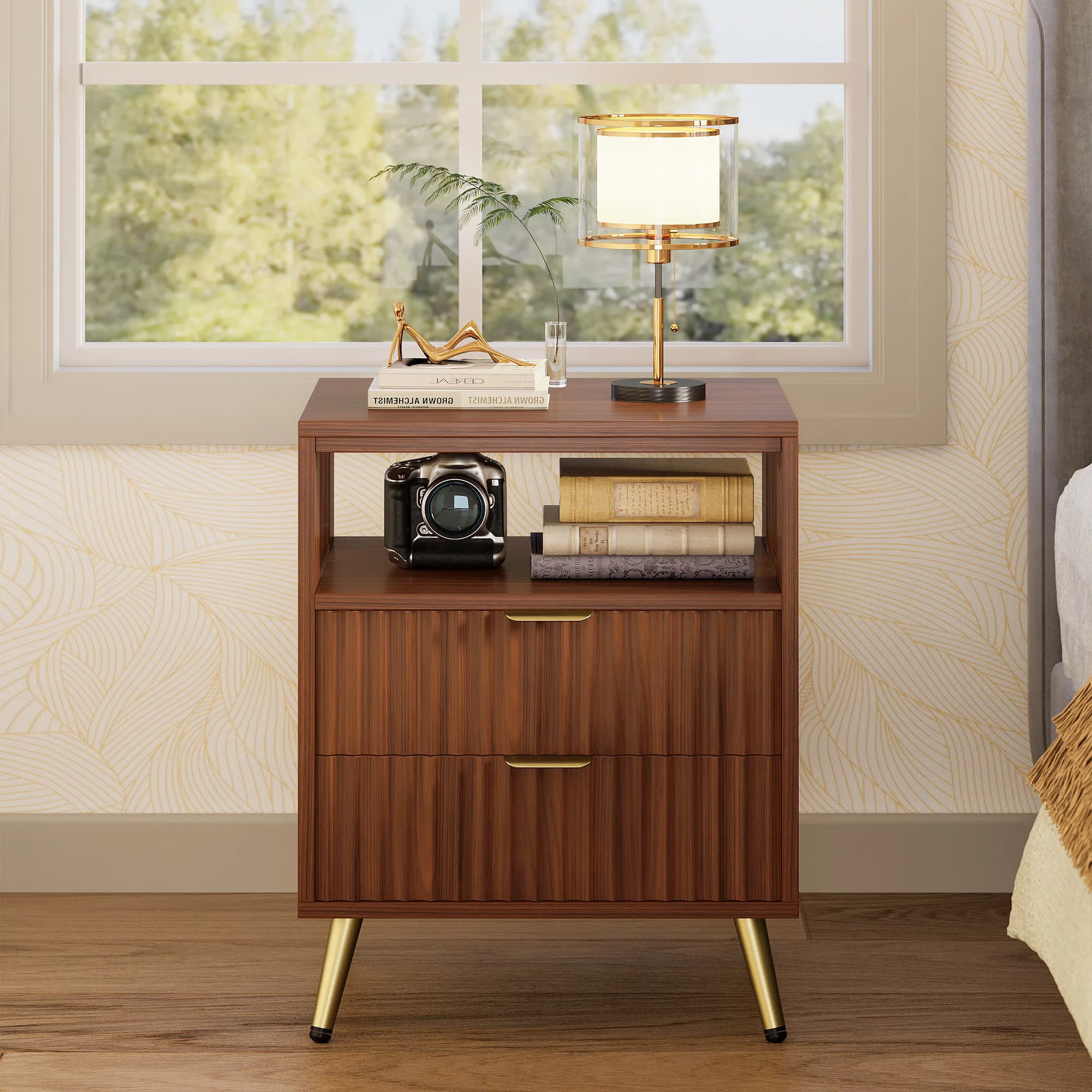 Mid-Century Modern 2-Drawer 23" Tall Nightstand with Open Cubby, Fluted Cute Bedside Table w... | Wayfair North America