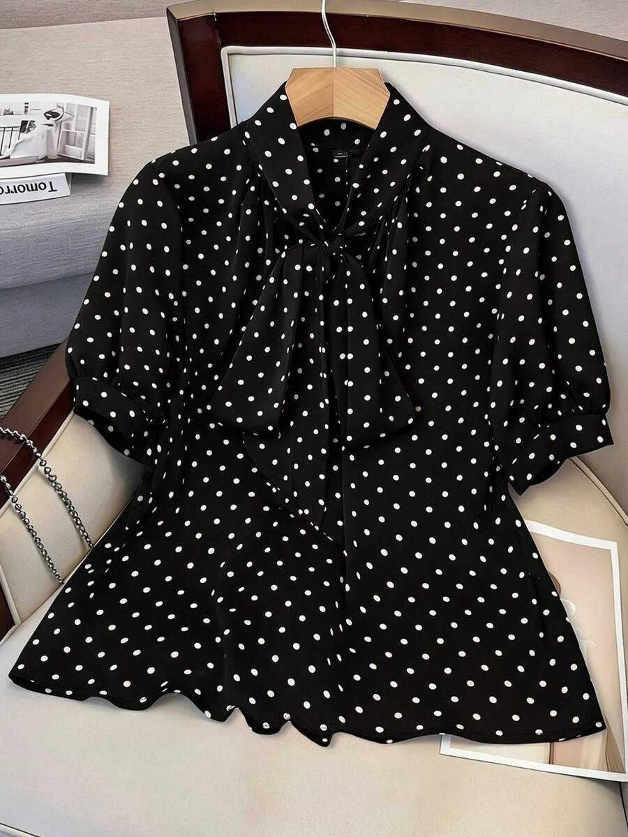 GlowEve CURVE Plus Size Elegant Polka Dot Print Tie Collar Blouse, Summer | SHEIN
