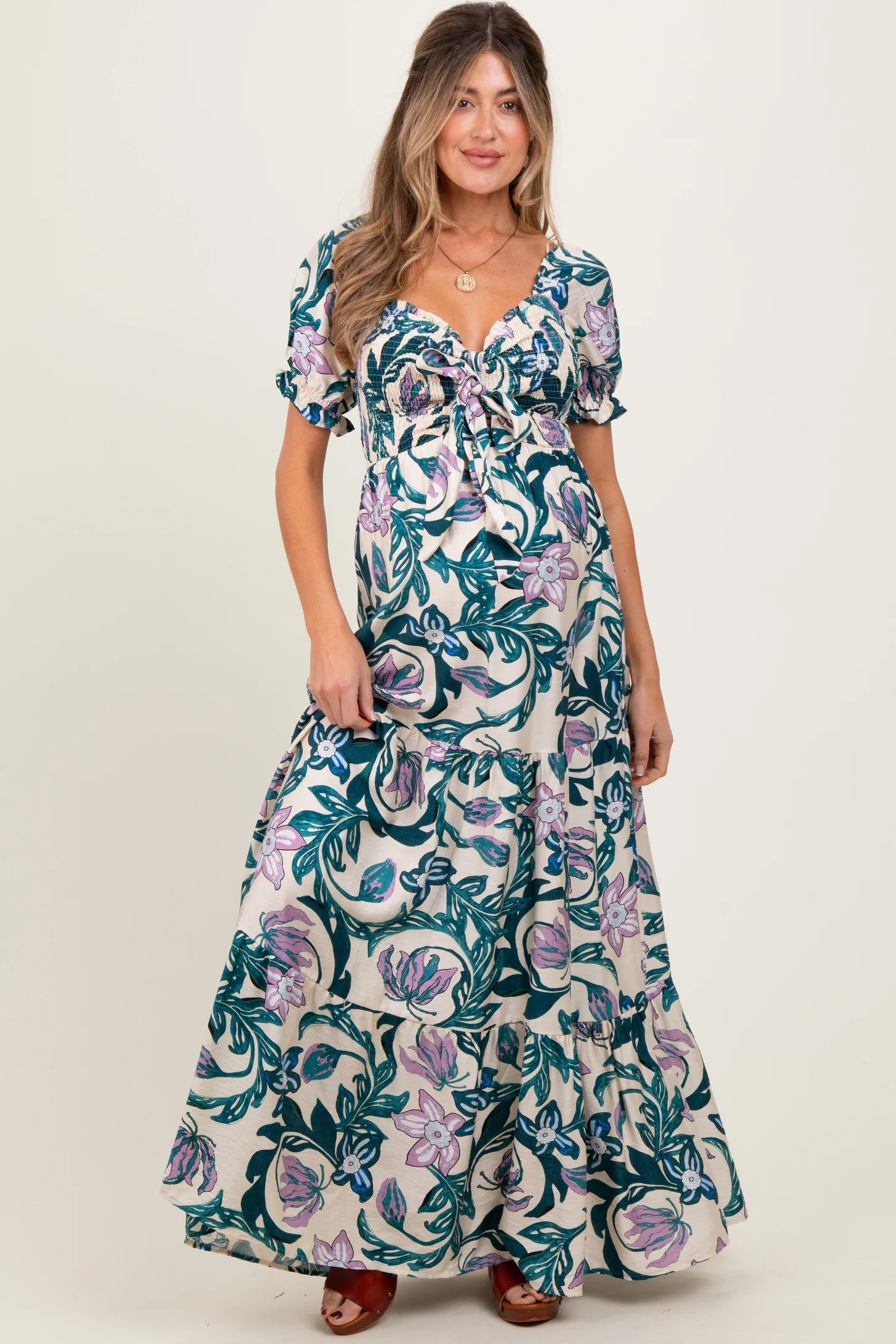 Teal Floral Smocked Front Tie Maternity Maxi Dress | PinkBlush Maternity