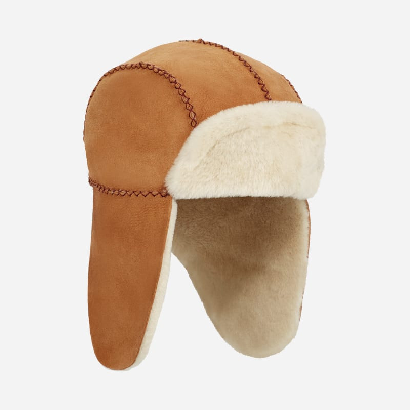 UGG® Kids' Sheepskin Trapper with Stitch Hats in Chestnut, Size 2/4 YRS | UGG (US)
