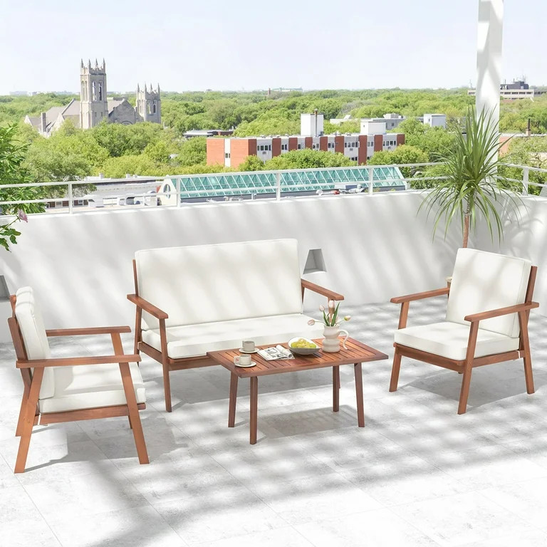 Costway 4 PCS Patio Conversation Set Acacia Wood Sofa Coffee Table with Cushioned Seat | Walmart (US)