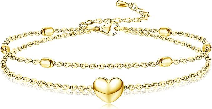 FIBO STEEL Stainless Steel Ankle Bracelet for Women Teens Beach Beaded Heart Figaro Chain Cute La... | Amazon (US)