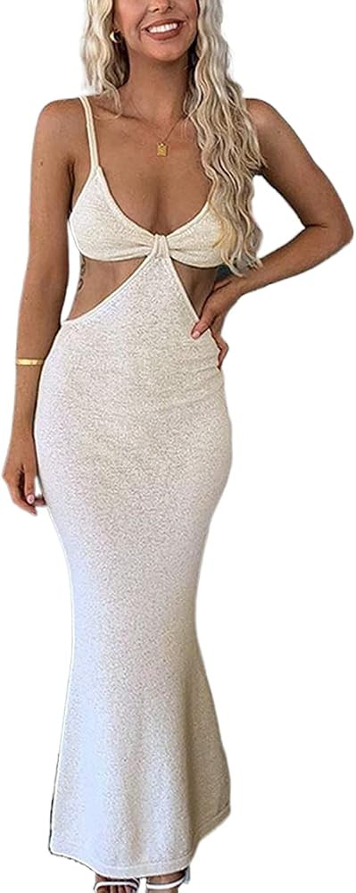 Meihuida Women Cut Out Dress Y2k Summer Sexy Halter Neck Sleeveless Backless Knitted Bodycon Cuto... | Amazon (US)