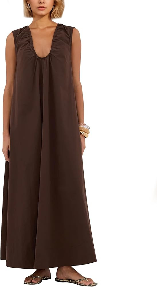 OLAPTA Women Summer Sleeveless Maxi Dress Scoop Neck Ruched Loose Fit Casual Elegant Solid Vacati... | Amazon (US)