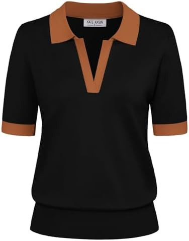 Kate Kasin Women Short Sleeve Polo Sweater V Neck Knitted Tops Casual Ribbed Shirt Loose Pullover... | Amazon (US)