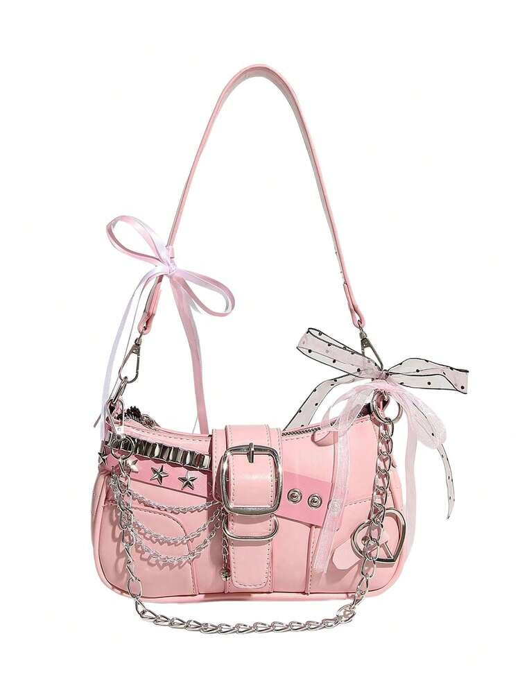 Oaoleer 1pc Women's Y2k Star Embroidery Shoulder Bag Mini Chain Hobo Handbag Purses Fashion Versatile Star & Moon Design Unique Pink Chain Decor Crossbody Bag, Women Baguette Bag, Niche Design, Steampunk, Gothic, Lady Bag, Streetwear Chic, Music Festival, Party, Women's Rocker Style Shoulder Bag Suitable For Girls, Celebrity-Inspired Printed Purse | SHEIN