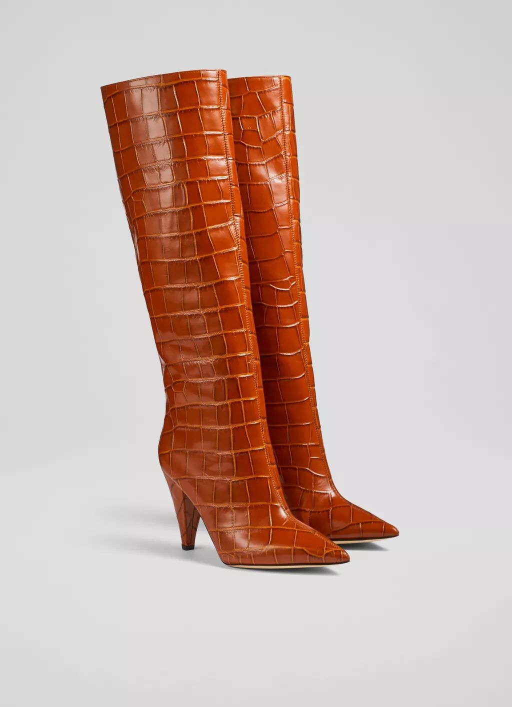 Allegra Ginger Croc-Effect Leather Cone Heel Knee High Boots | L.K. Bennett (UK)