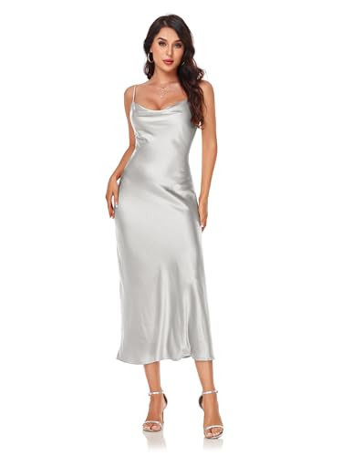 Women's Spaghetti Strap Midi Satin Silk Dresses Slip Cowl Neck Party Cocktail Evening Dress Grey | Amazon (US)