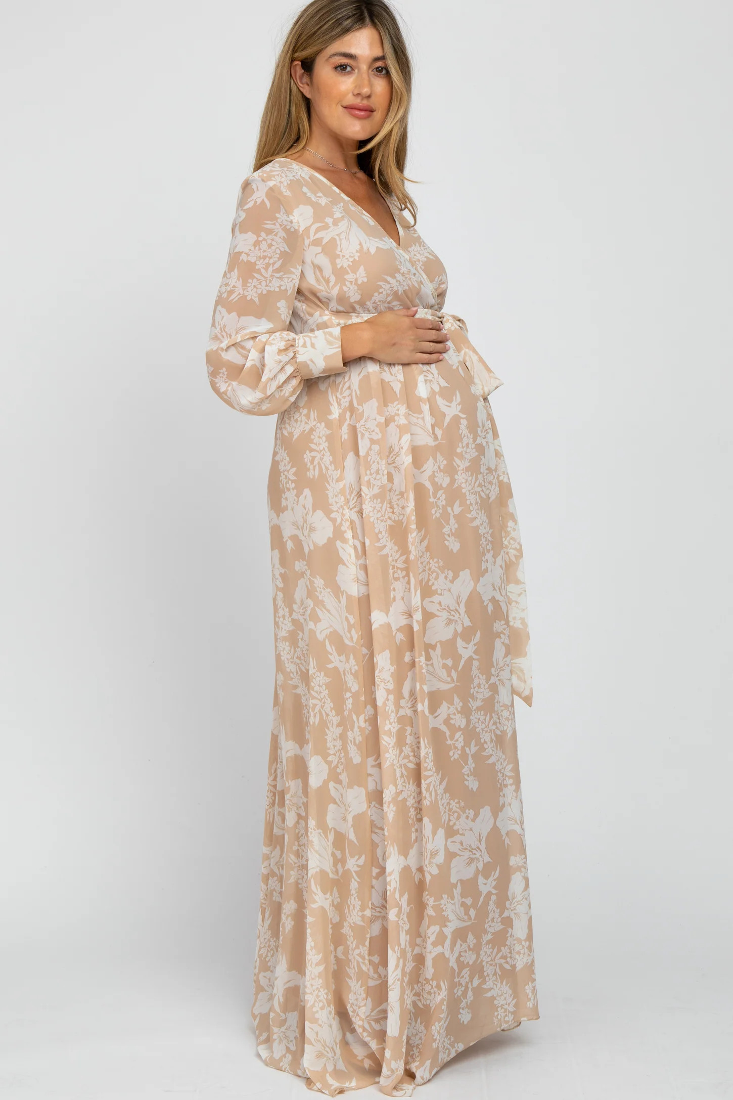 Taupe Floral Chiffon Maternity Maxi Dress | PinkBlush Maternity