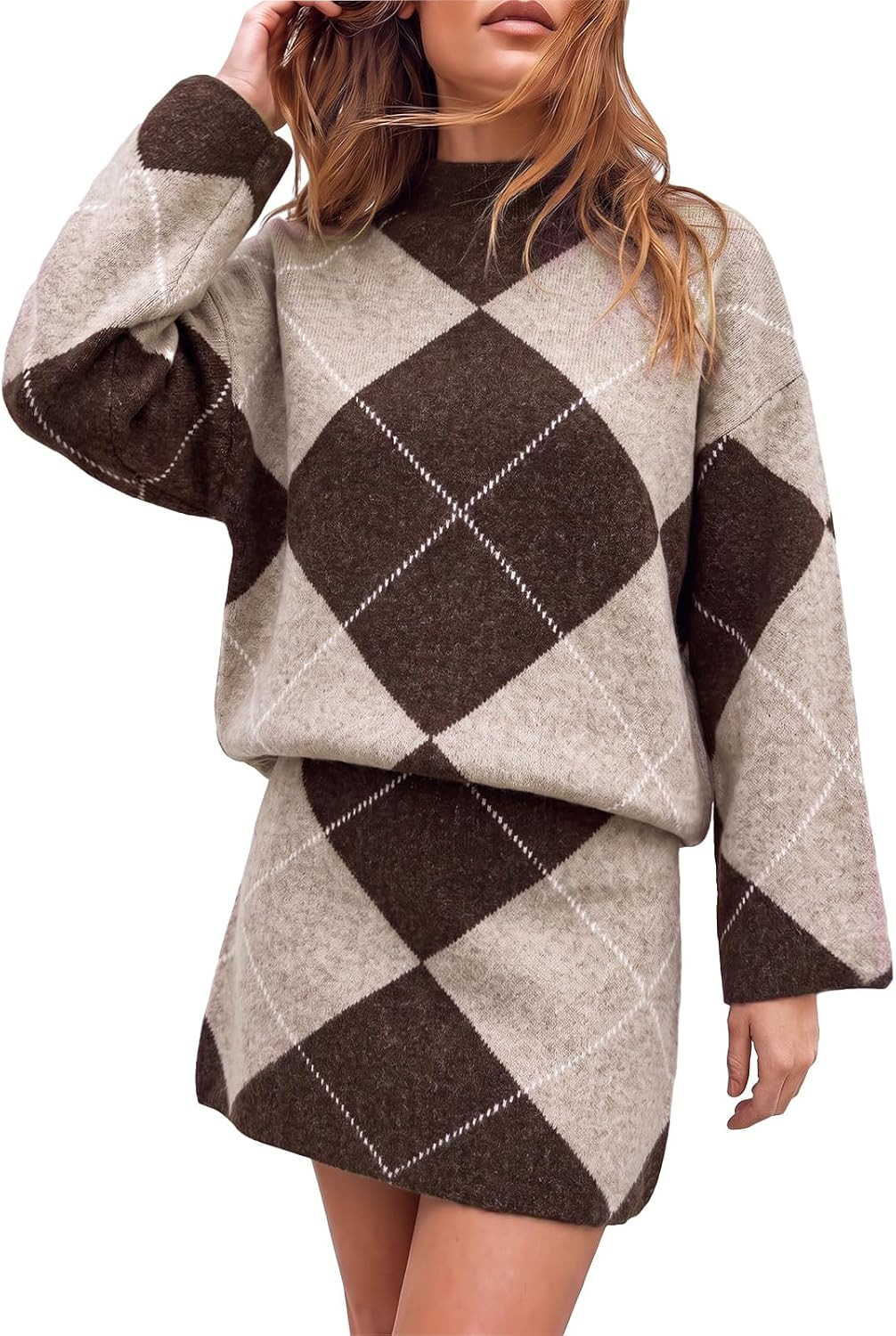Cicy Bell Women Mock Neck Argyle Sweater 2 Piece Outfits Mini Skirt Sets | Amazon (US)