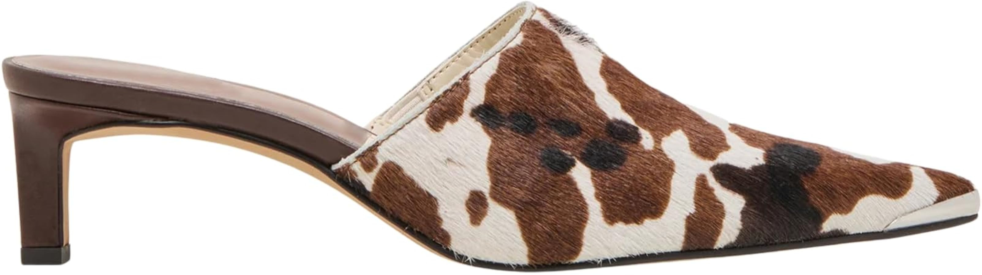 Cow Print Kitten Heels for Women Low Heel Closed Pointed Toe Mules Backless Slip On Pumps Shoes | Amazon (US)