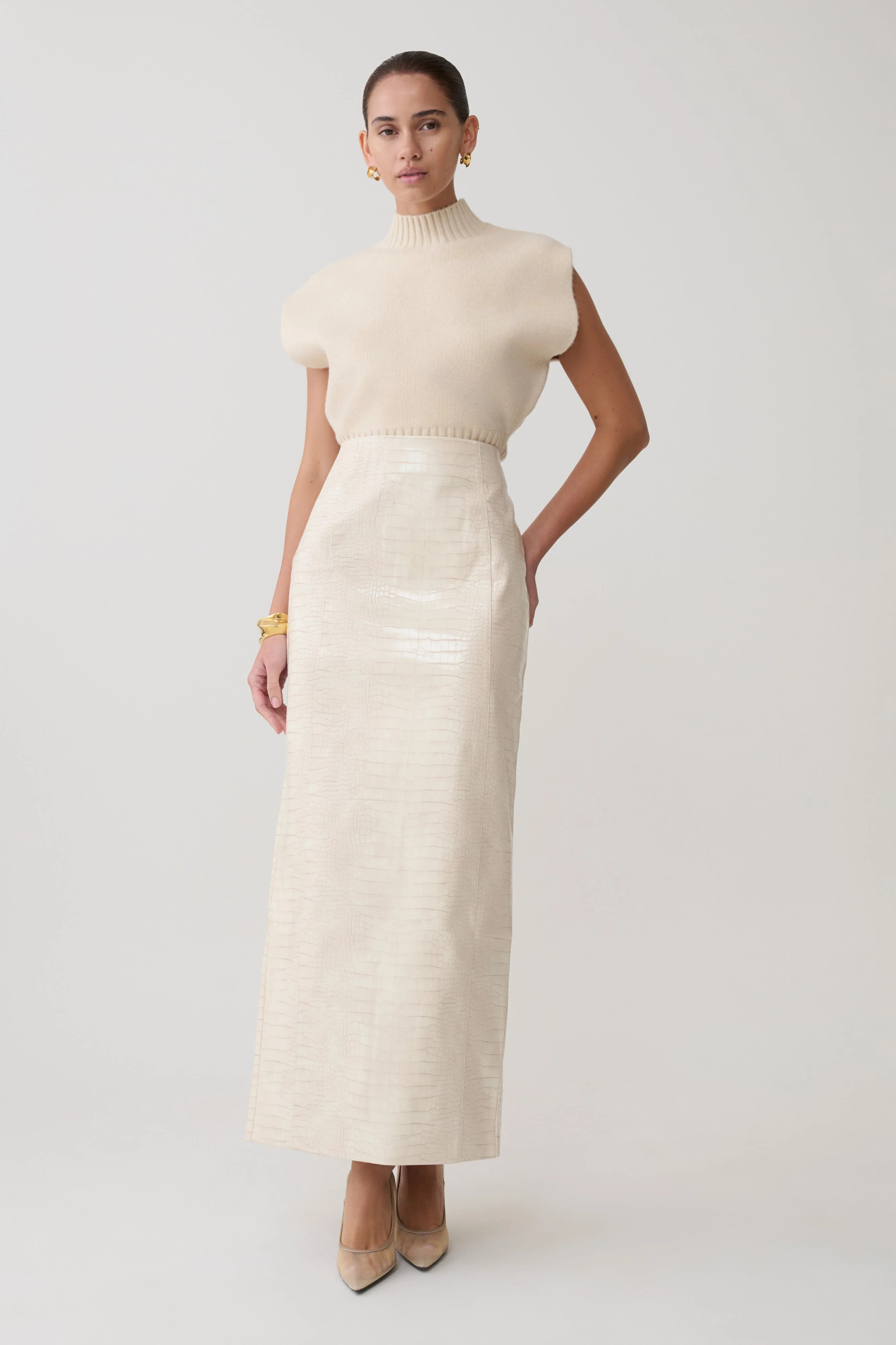 Thalia Croc Faux Leather Midi Skirt - Ivory | Meshki UK