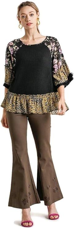 Umgee Women's Floral and Animal Print Waffle Knit Top | Amazon (US)