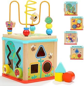 TOP BRIGHT Wooden Activity Cube 5-in-1 – Wooden Activity Table for Kids and Babies Age 1, 2 yea... | Amazon (UK)