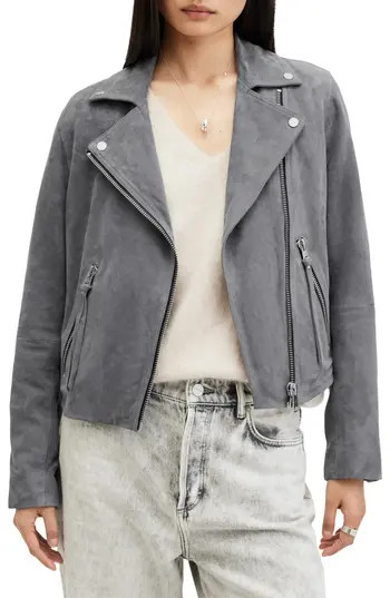 AllSaints Dalby Suede Moto Jacket in Ghost Grey at Nordstrom Rack, Size 0 Us / 4 Uk | Nordstrom Rack