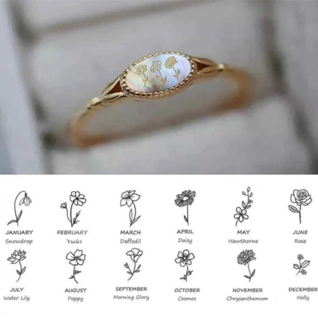 Personalized Birth Flowers Ring, 12 Month Flowers Custom Mother Shell Ring for Women, Custom Fami... | Etsy (US)