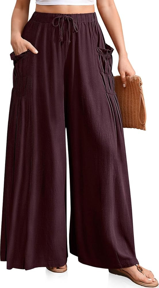 TARSE Women Linen Palazzo Pants Summer Wide Leg Boho Drawstring Casual Lounge Pant Beach Travel V... | Amazon (US)