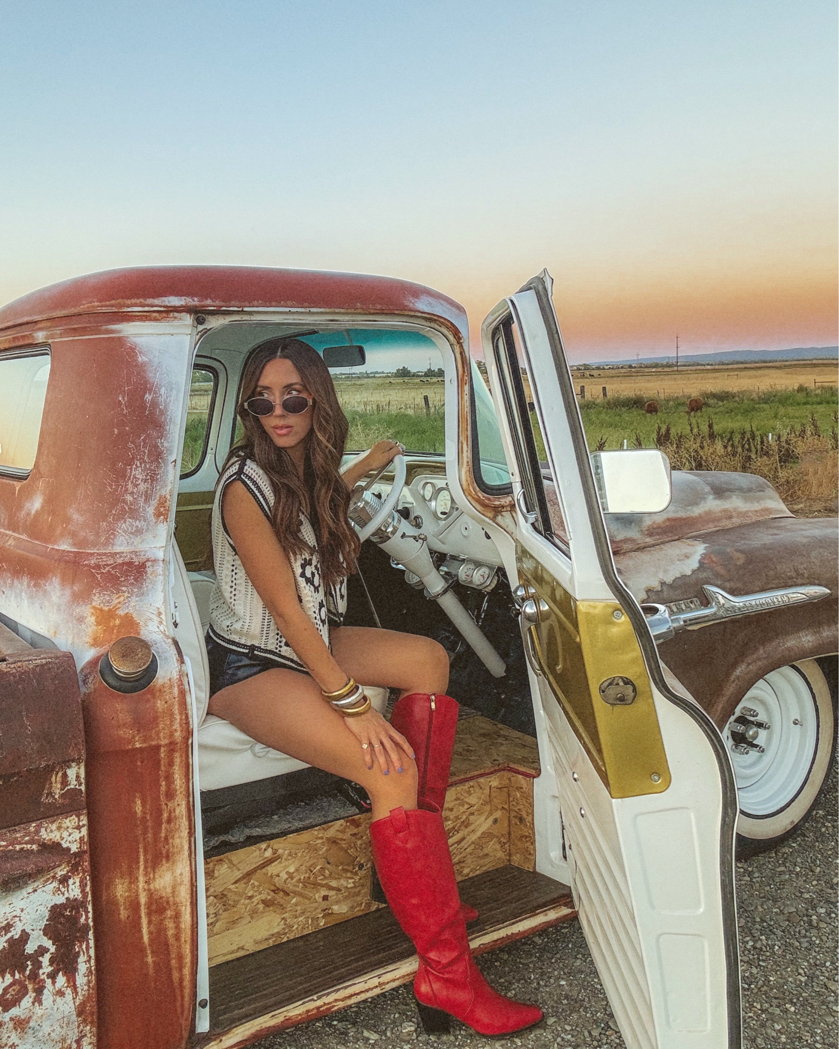 Country concert outfit. Crochet vest. Leather shorts. Red cowboy boots 

#LTKFindsUnder50 #LTKFindsUnder100