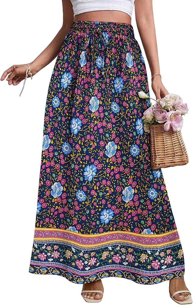 Zeagoo Women's 2024 Boho Floral Skirt Casual Elastic High Waist Maxi Skirts Flowy A Line Beach Lo... | Amazon (US)