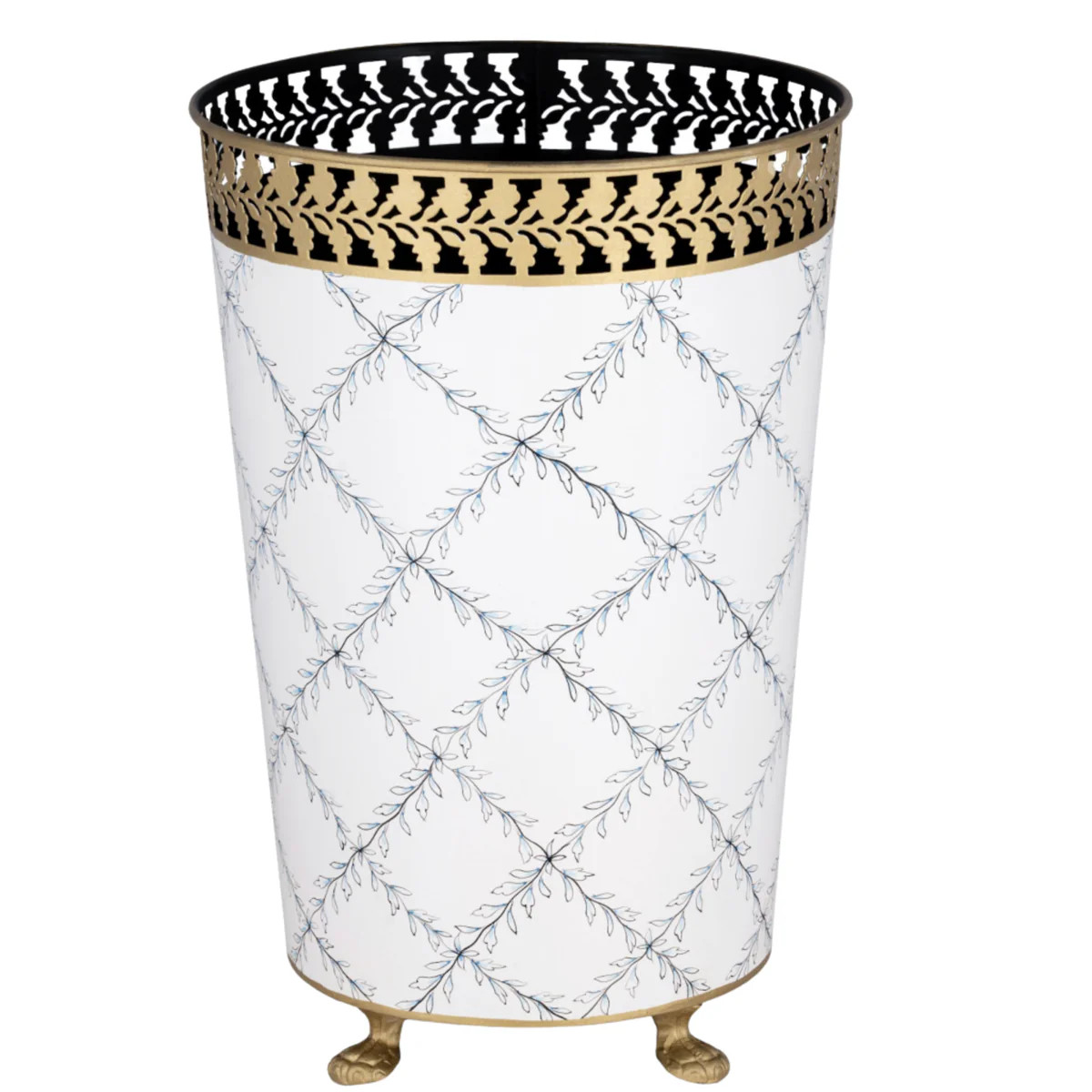Ivory & Blue Pierced Gold Leaf Wastepaper Basket | The Well Appointed House, LLC