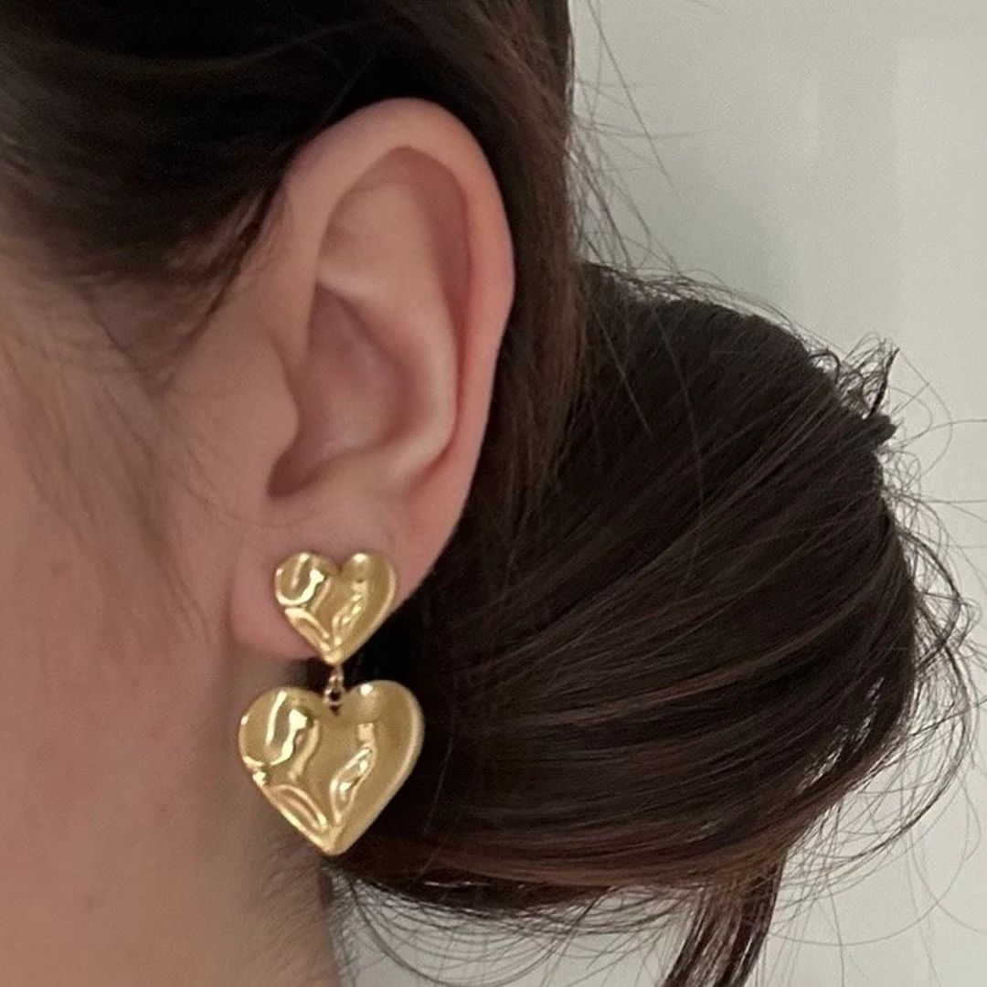 Puffed Heart Post Earrings Gold Heart Earrings Waterproof - Etsy | Etsy (US)