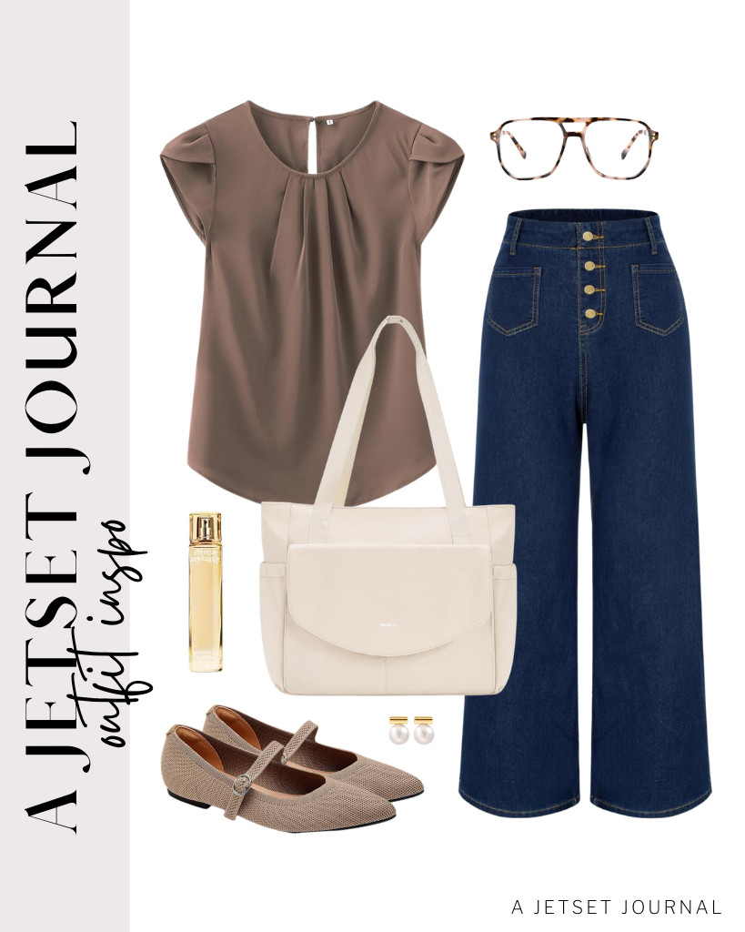 This coffee-colored TASAMO pleated top goes well with Belle Poque jeans, too. For this fit, you can wear these knit flats and button pearl stud earrings. This ECOHUB tote bag also matches this look. 

#LTKSeasonal #LTKSaleAlert #LTKTravel
 

 