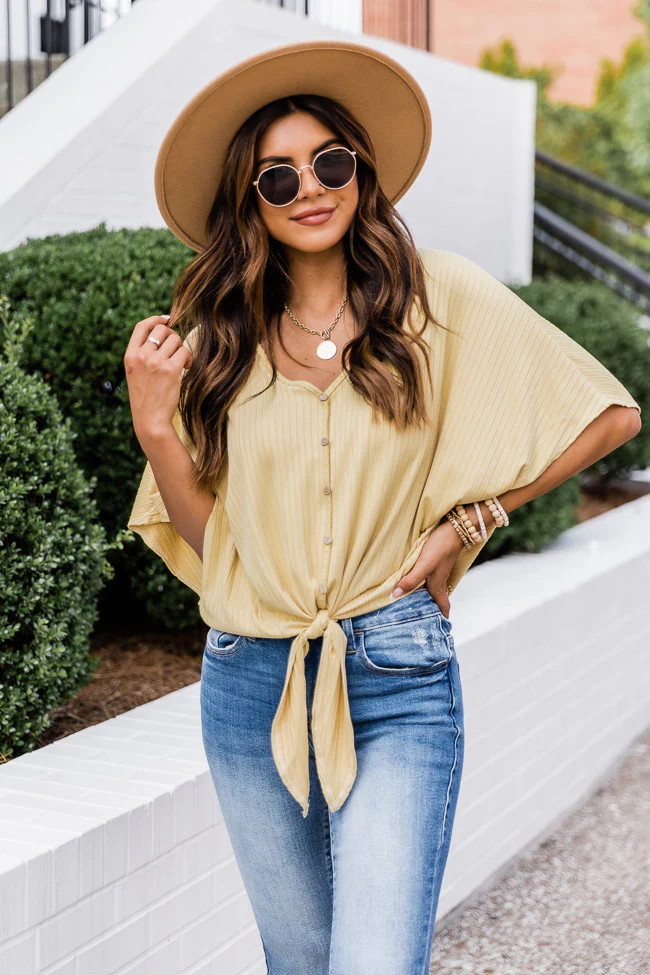 Never Telling Yellow Tie Front Ribbed Blouse | The Pink Lily Boutique