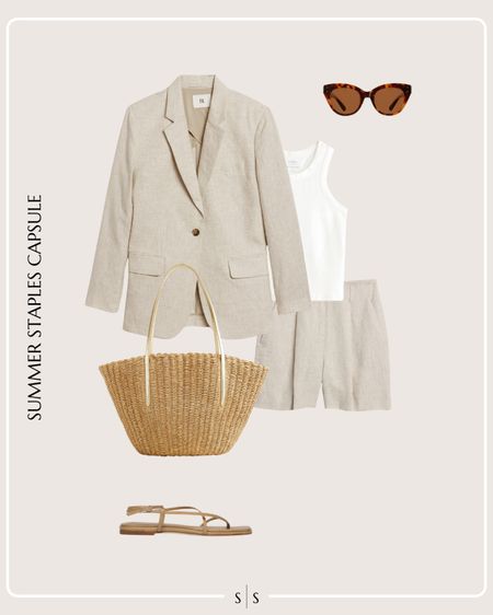 Summer Staples Capsule Wardrobe outfit idea | linen blazer, white tank, linen shorts, nude strap sandals, straw tote bag, sunglassess

See the entire Summer Staples Capsule Wardrobe on thesarahstories.com ✨ 


#LTKStyleTip