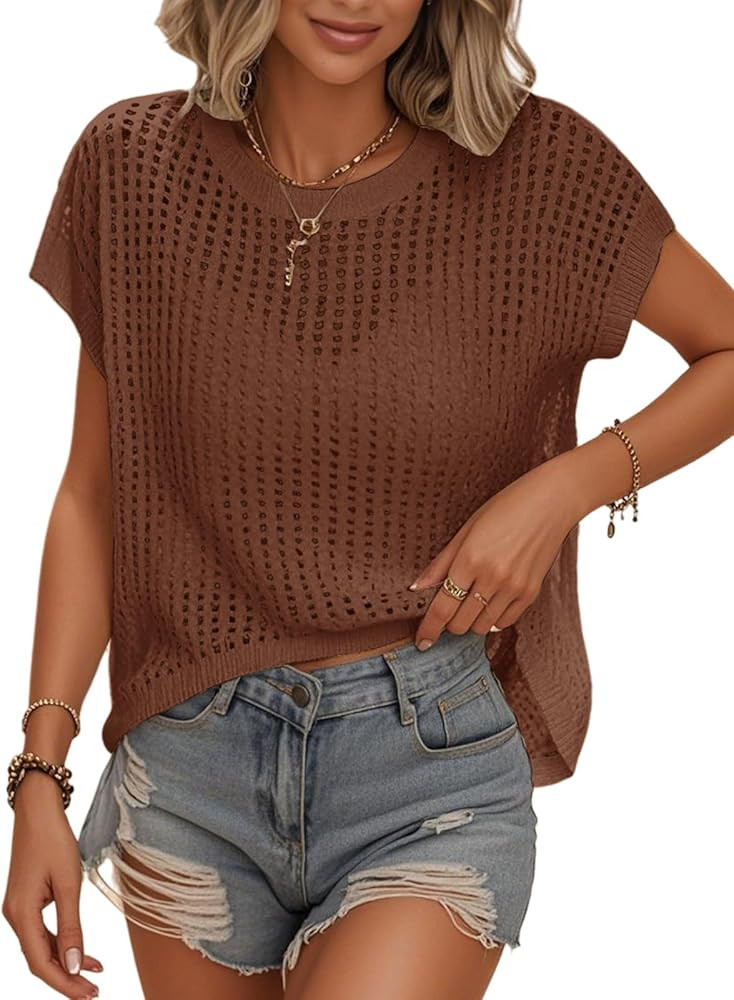 Womens Summer Crochet Tops Hollow Out Cap Sleeve Cover Up Tank Top Pullover Sweater Vest Beach Va... | Amazon (US)