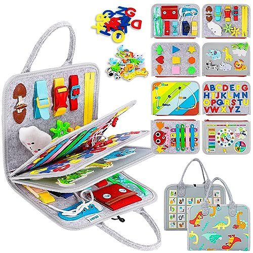 Esjay Toddler Busy Board Montessori Toys for Boys Girls, Sensory Board Educational Activities for Learning Fine Motor Skills, Birthday Gifts for Toddlers, Travel Toys for Airplane Car,Grey Dinosaur | Amazon (US)