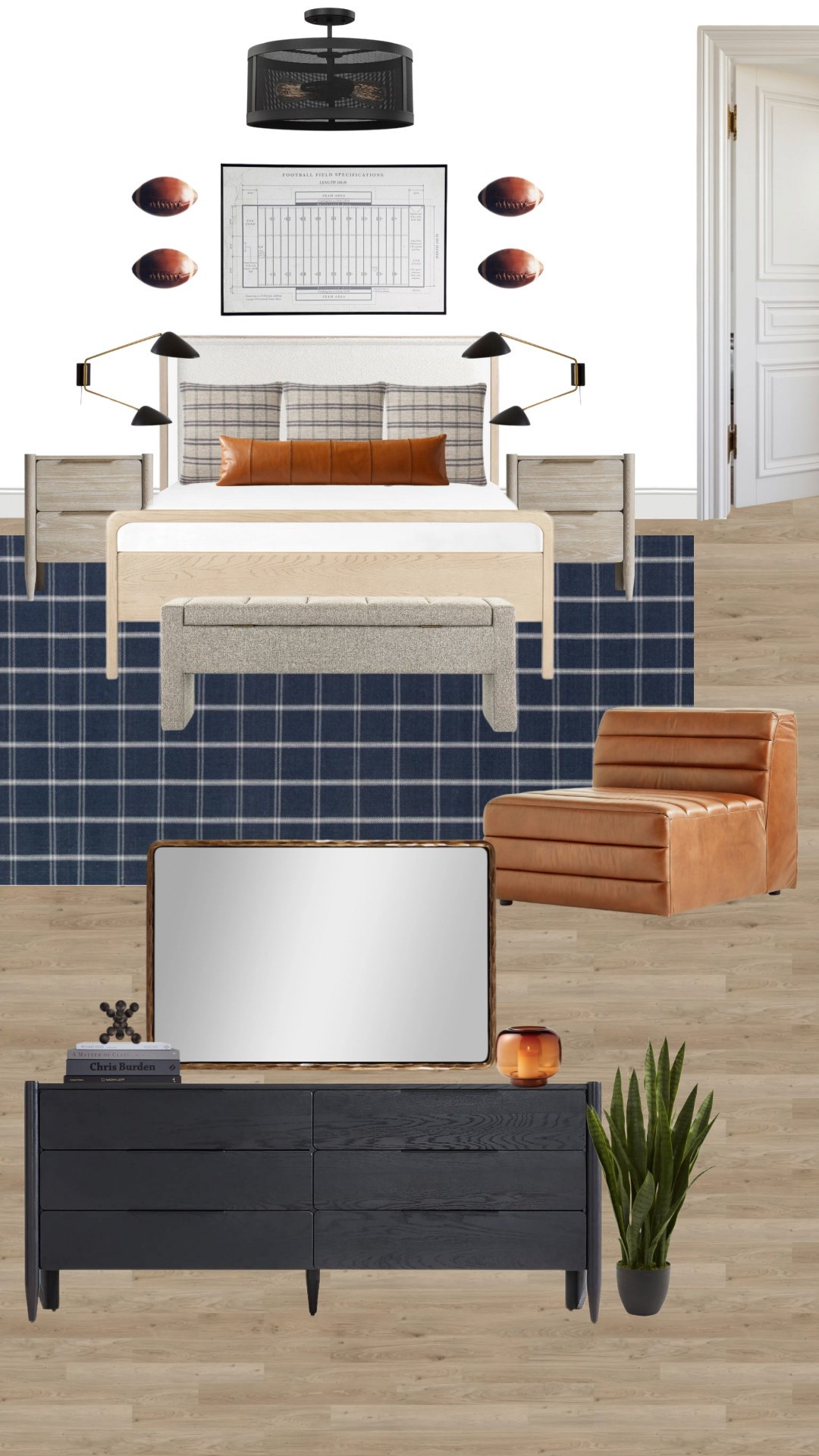 Football loving bedroom for boys 

Sconces, nightstand, headboard, leather chair, dresser, football decor, boys room decor 

#LTKSeasonal #LTKSaleAlert #LTKHome