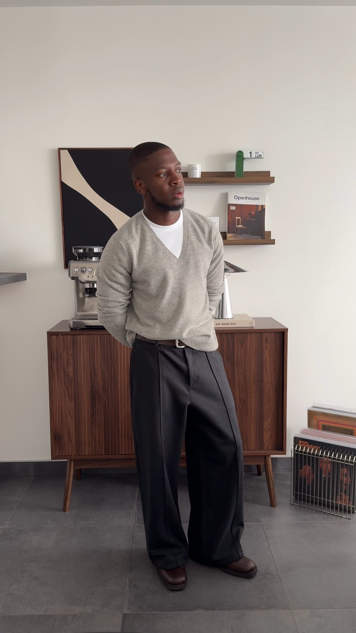 I’m 1m70 and I wear XL for the v neck knit and L for the pants

#LTKmens #LTKautumn #LTKworkwear