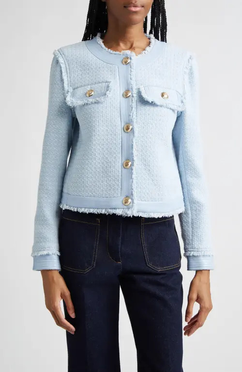 Cinq à Sept Deva Cotton Blend Birdseye Tweed Jacket in Bluebell Mist/White at Nordstrom, Size X-Large | Nordstrom