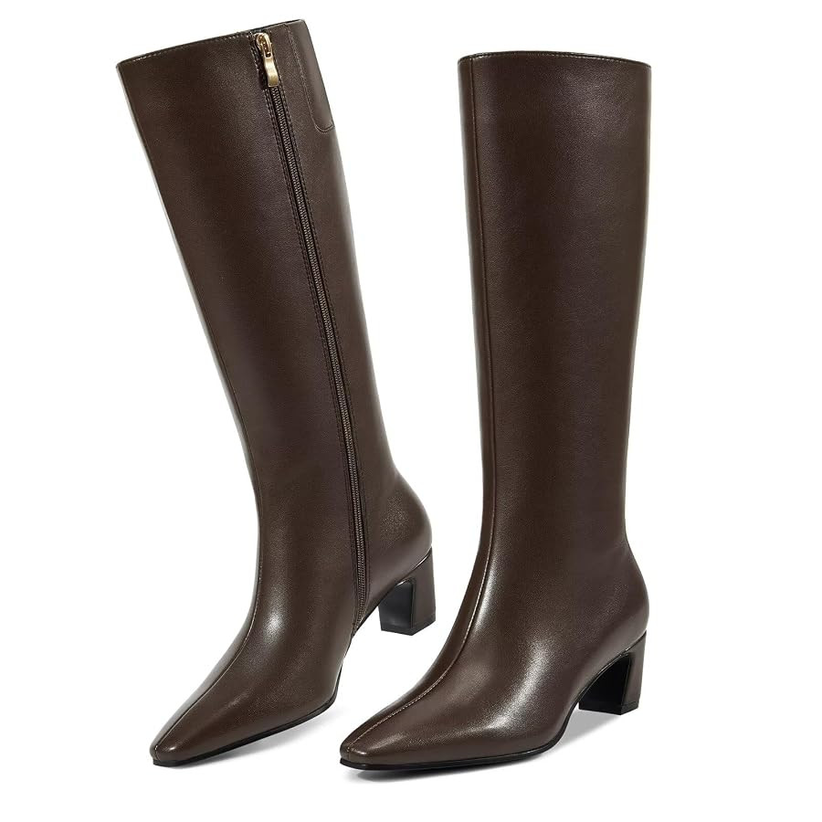 ISNOM Black Knee High Boots Women with Side Zipper Womens Tall Chunky Boots Low Heeled Pointed To... | Amazon (US)