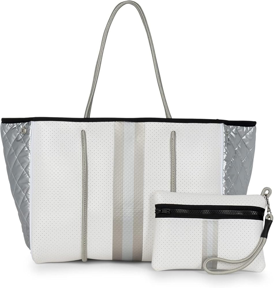 Haute Shore - Greyson Vapor Neoprene Tote Bag w/Zipper Wristlet Inside, White Coated W/Silver & R... | Amazon (US)