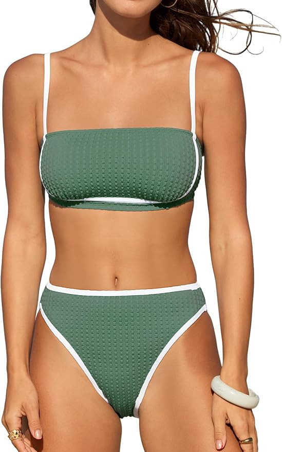 CUPSHE Women's Bikini Sets Two Piece Swimsuit High Waisted Square Neck Back Hook Color Block Chee... | Amazon (US)