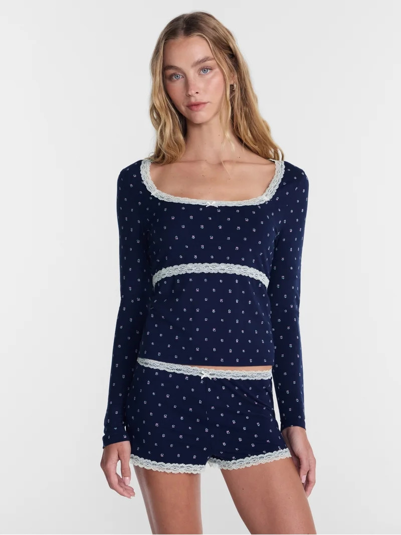 No Boundaries Sleep Lace Top with Long Sleeves, Women\u2019s XXS-3X | Walmart (US)