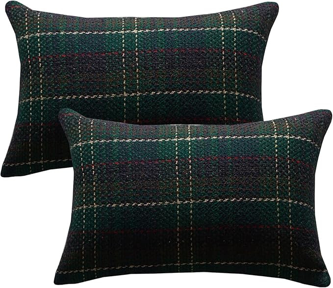 Green Plaid Pillow Covers 12x20 inch Set of 2 Knitting Tartan Pillow Cases Winter Xmas Farmhouse ... | Amazon (US)