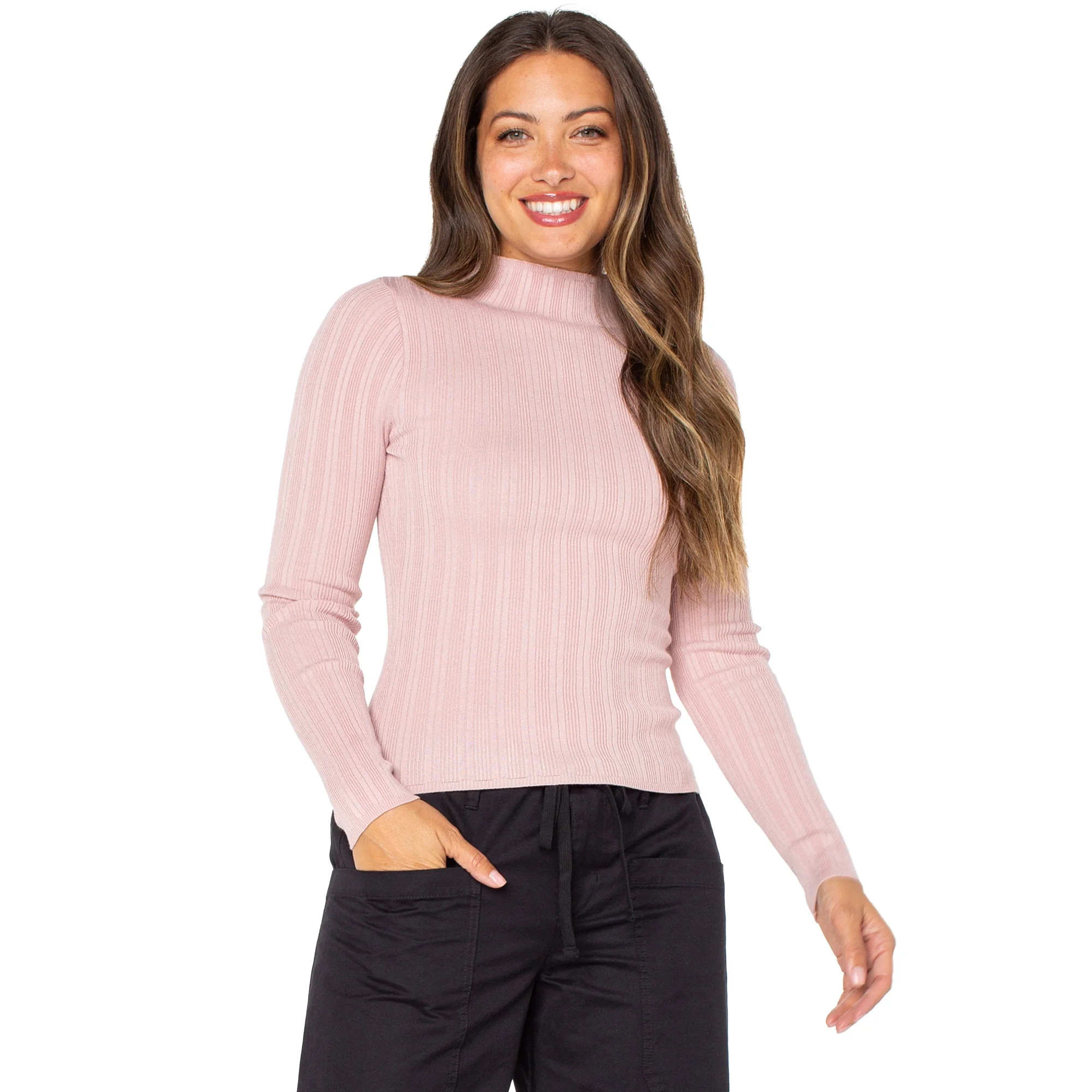 Celebrity Pink Women's Mock Neck Rib Top with Long Sleeves, Sizes XS-XXXL | Walmart (US)