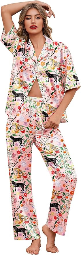 Ekouaer Silk Satin Pajamas Set Women Short Sleeve Pj Sets Button Down Sleepwear 2 Piece Soft Loun... | Amazon (US)