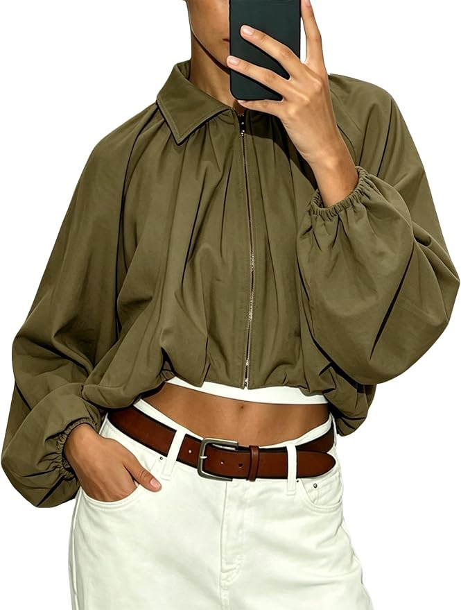 Women's Collared Full Zip Bubble Long Sleeve Cropped Jacket | Amazon (US)